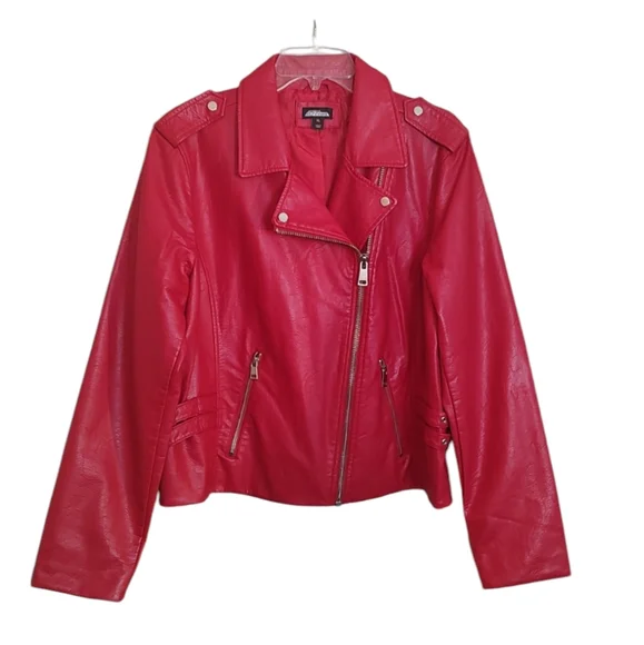 New Project Runway Red Faux Leather Moto Jacket with Silver Trim sz XL - Picture 3 of 7